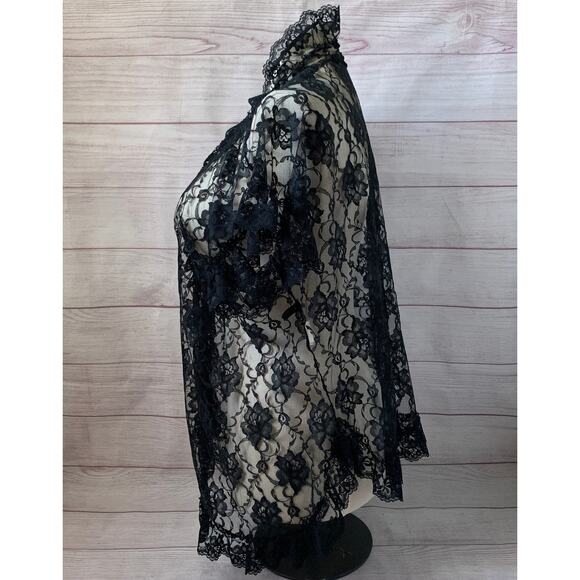 Vintage Shirley of Hollywood Black Sheer Floral Lace Cardigan Robe Cover Up OSFM - Picture 4 of 16